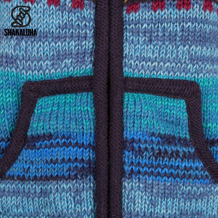 Shakaloha Shakaloha Veste en Laine Tricoté Shaker ZH Bleu avec Doublure en polaire et Capuche détachable - Femmes - Fabriqué à la main au Népal en laine de mouton