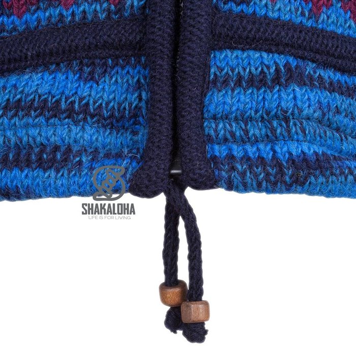 Shakaloha Shakaloha Knitted Woolen Jacket Shaker ZH Blue with Fleece Lining and Detachable Hood - Woman - Handmade in Nepal from sheep's wool