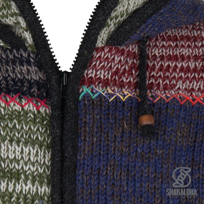 Shakaloha Gilet en laine tricotée Shakaloha Patch ZH multicolore délavé avec doublure polaire et capuche amovible - Homme/Uni - Fait main au Népal en laine de mouton