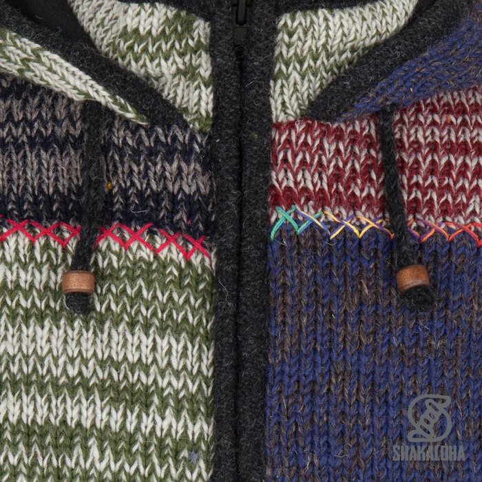Shakaloha Shakaloha Knitted Wool Vest Patch ZH Faded Multicolor with Fleece Lining and Detachable Hood - Men/Plain - Handmade in Nepal from Sheep Wool