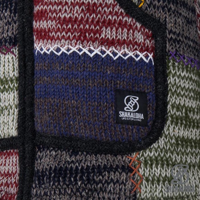 Shakaloha Chaleco de punto de lana Shakaloha con parche ZH multicolor descolorido, forro polar y capucha desmontable - Hombre/Liso - Hecho a mano en Nepal con lana de oveja