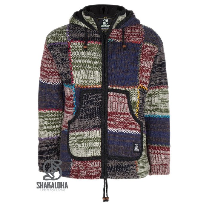 Shakaloha Gilet en laine tricotée Shakaloha Patch ZH multicolore délavé avec doublure polaire et capuche amovible - Homme/Uni - Fait main au Népal en laine de mouton