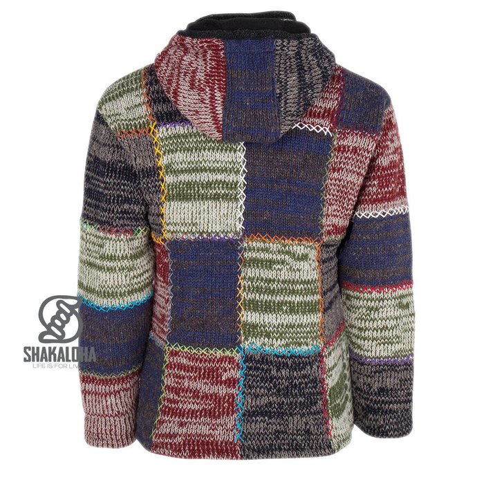 Shakaloha Shakaloha Gestrickte Wollweste Patch ZH Faded Multicolor mit Fleecefutter und abnehmbarer Kapuze – Herren/Unifarben – Handgefertigt in Nepal aus Schafwolle