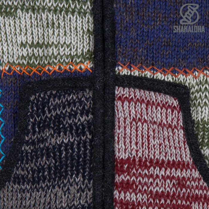 Shakaloha Gilet en laine tricotée Shakaloha Patch ZH multicolore délavé avec doublure polaire et capuche amovible - Homme/Uni - Fait main au Népal en laine de mouton