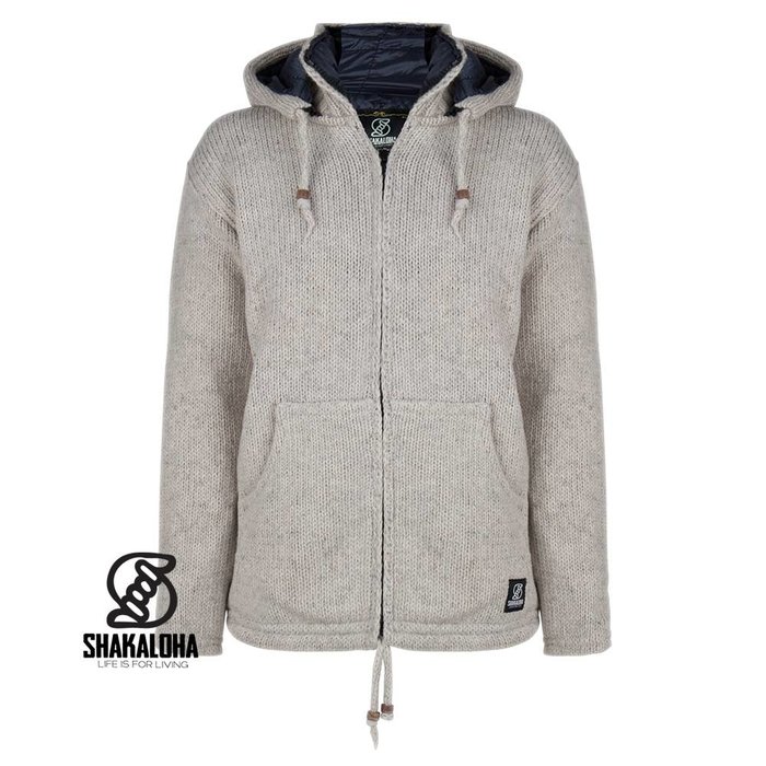 Shakaloha Shakaloha Knitted Woolen Jacket Breaker Beige Cream with Nylon Windstopper and Detachable Hood - Men - Unisex - Handmade in Nepal from sheep's wool