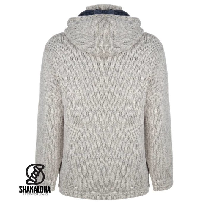 Shakaloha Shakaloha Knitted Woolen Jacket Breaker Beige Cream with Nylon Windstopper and Detachable Hood - Men - Unisex - Handmade in Nepal from sheep's wool
