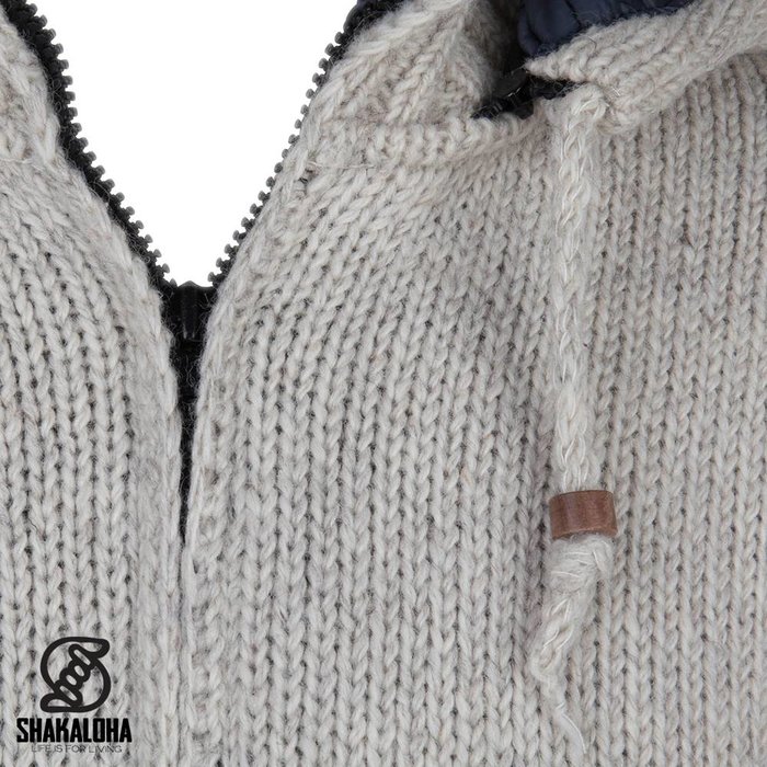 Shakaloha Shakaloha Knitted Woolen Jacket Breaker Beige Cream with Nylon Windstopper and Detachable Hood - Men - Unisex - Handmade in Nepal from sheep's wool