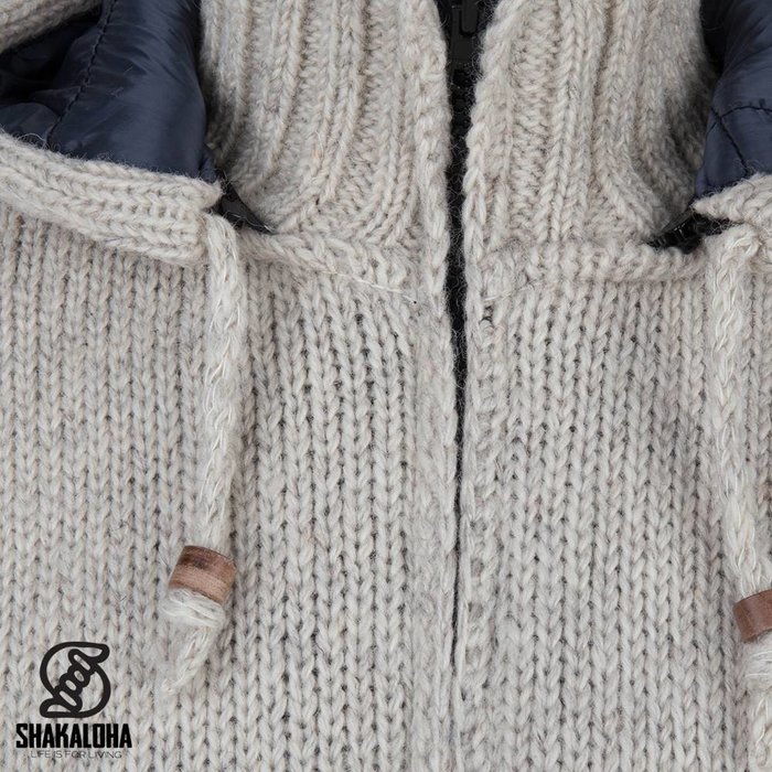 Shakaloha Shakaloha Knitted Woolen Jacket Breaker Beige Cream with Nylon Windstopper and Detachable Hood - Men - Unisex - Handmade in Nepal from sheep's wool