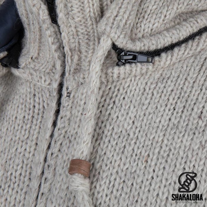 Shakaloha Chaleco de punto de lana Shakaloha, color beige y crema, con cortavientos de nailon y capucha desmontable - Hombre/Unisex - Hecho a mano en Nepal con lana de oveja
