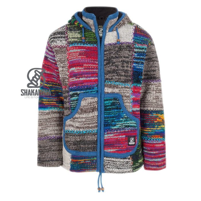 Shakaloha Shakaloha Knitted Wool Vest Patch ZH Mixed Multicolor Fur with Fleece Lining and Detachable Hood - Men/Uni - Handmade in Nepal from Sheep Wool