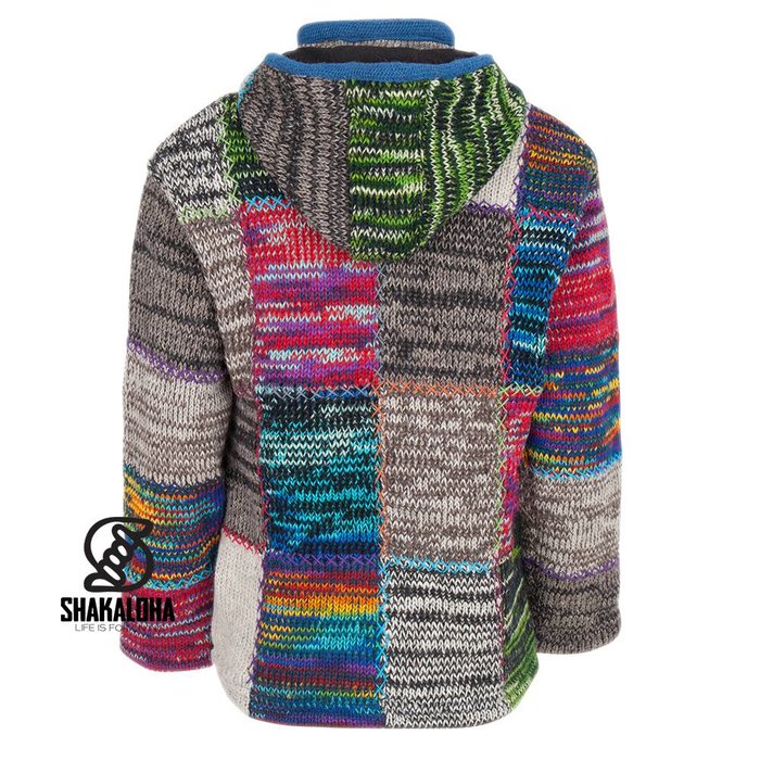 Shakaloha Gilet en laine tricotée Shakaloha Patch ZH Fourrure multicolore mixte avec doublure polaire et capuche amovible - Homme/Uni - Fait main au Népal en laine de mouton