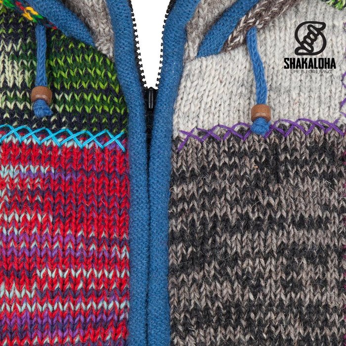 Shakaloha Shakaloha Knitted Wool Vest Patch ZH Mixed Multicolor Fur with Fleece Lining and Detachable Hood - Men/Uni - Handmade in Nepal from Sheep Wool