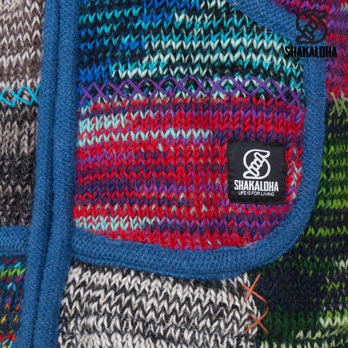 Shakaloha Chaleco de punto de lana Shakaloha con parche ZH de piel multicolor con forro polar y capucha desmontable - Hombre/Unisex - Hecho a mano en Nepal con lana de oveja