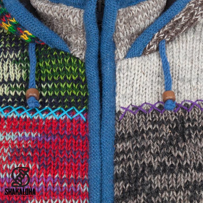 Shakaloha Chaleco de punto de lana Shakaloha con parche ZH de piel multicolor con forro polar y capucha desmontable - Hombre/Unisex - Hecho a mano en Nepal con lana de oveja