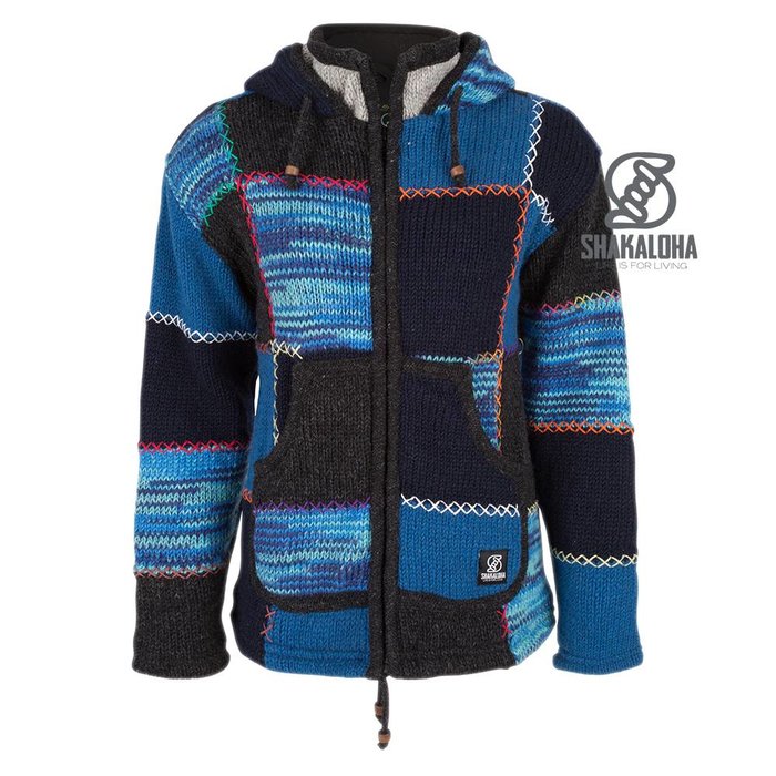 Shakaloha Chaleco de punto de lana Shakaloha con parche ZH azul marino, forro polar y capucha desmontable - Mujer - Hecho a mano en Nepal con lana de oveja