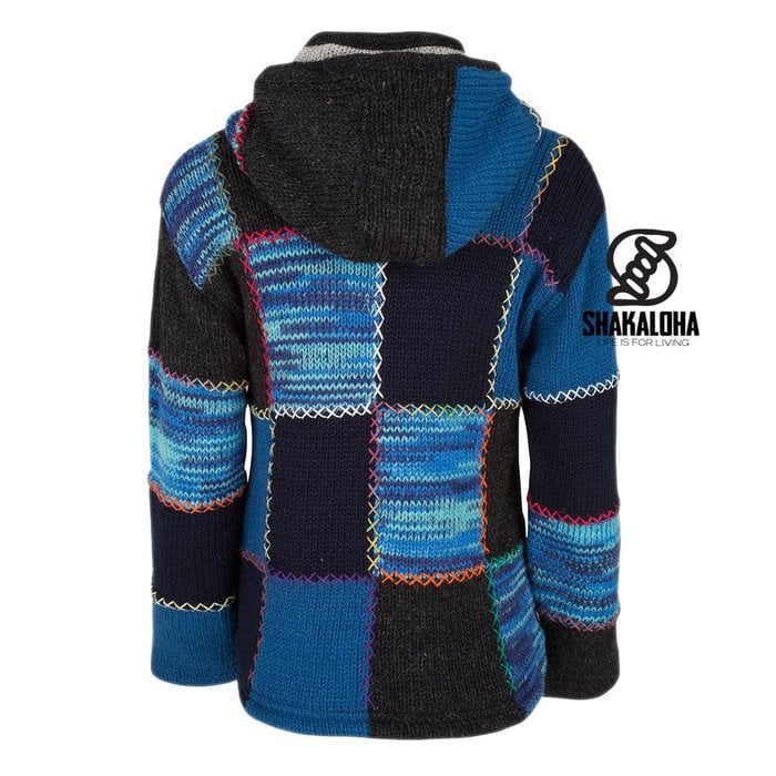 Shakaloha Shakaloha Gebreid Wollen Vest Patch ZH Navy Blue Blauw met Fleece Voering en Afneembare Capuchon - Dames - Handgemaakt in Nepal van Schapenwol