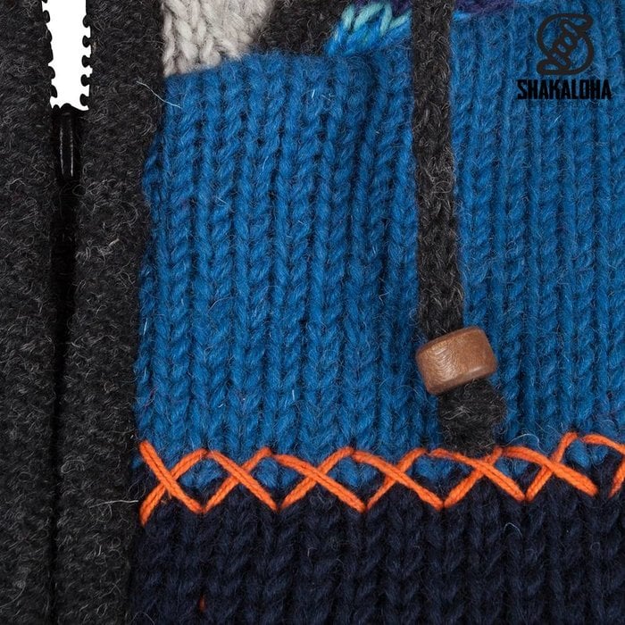 Shakaloha Shakaloha Gebreid Wollen Vest Patch ZH Navy Blue Blauw met Fleece Voering en Afneembare Capuchon - Dames - Handgemaakt in Nepal van Schapenwol