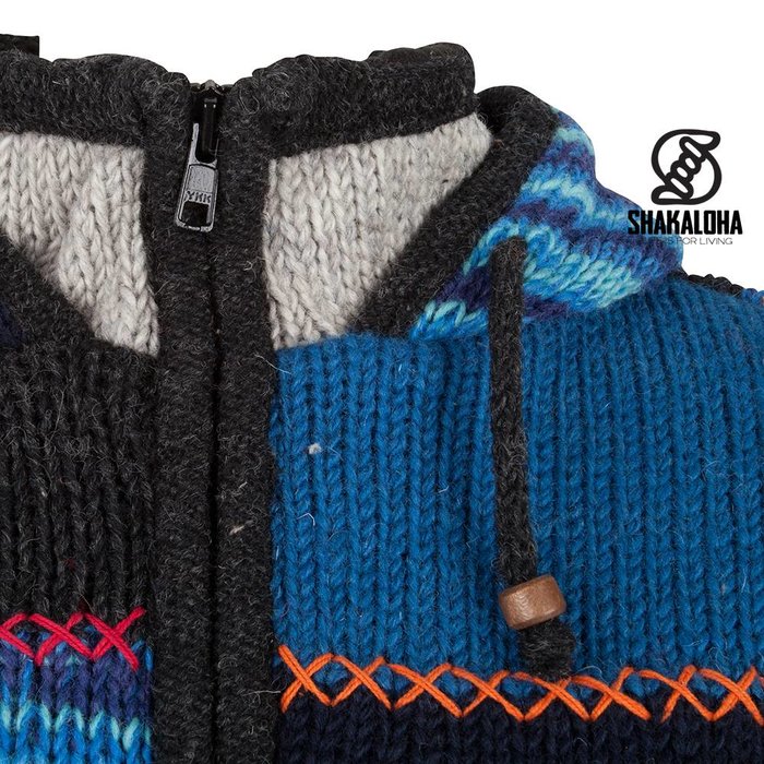 Shakaloha Chaleco de punto de lana Shakaloha con parche ZH azul marino, forro polar y capucha desmontable - Mujer - Hecho a mano en Nepal con lana de oveja