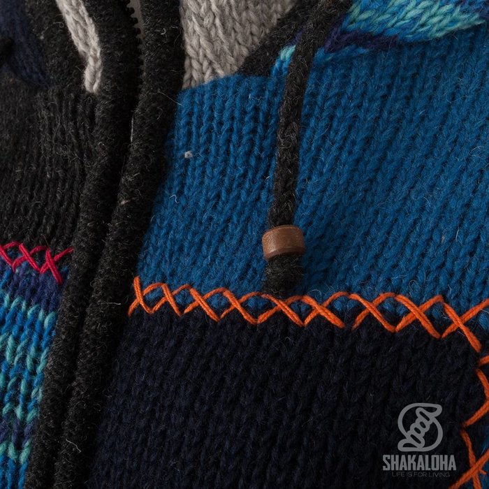 Shakaloha Chaleco de punto de lana Shakaloha con parche ZH azul marino, forro polar y capucha desmontable - Mujer - Hecho a mano en Nepal con lana de oveja