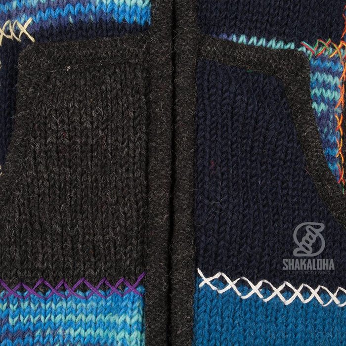 Shakaloha Shakaloha Gebreid Wollen Vest Patch ZH Navy Blue Blauw met Fleece Voering en Afneembare Capuchon - Dames - Handgemaakt in Nepal van Schapenwol