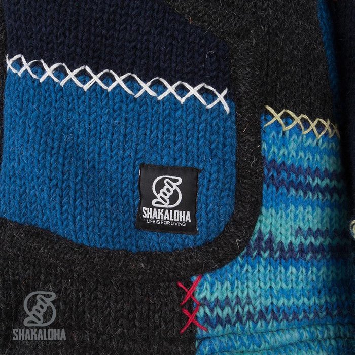 Shakaloha Chaleco de punto de lana Shakaloha con parche ZH azul marino, forro polar y capucha desmontable - Mujer - Hecho a mano en Nepal con lana de oveja