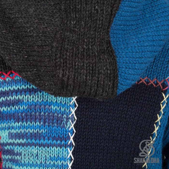 Shakaloha Chaleco de punto de lana Shakaloha con parche ZH azul marino, forro polar y capucha desmontable - Mujer - Hecho a mano en Nepal con lana de oveja