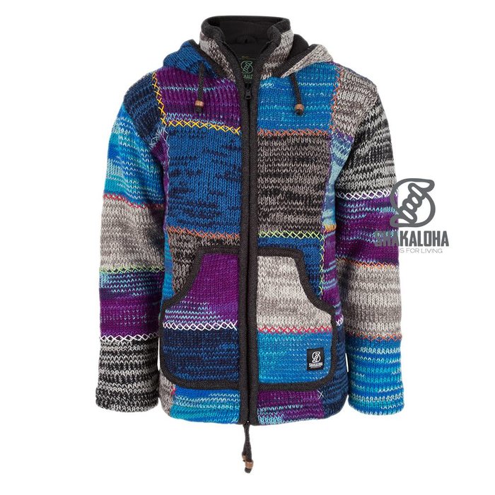 Shakaloha Shakaloha Gestrickte Wollweste Patch NH Mehrfarbiges Fell mit Fleecefutter und Kapuze mit Innenkragen – Damen – Handgefertigt in Nepal aus Schafwolle