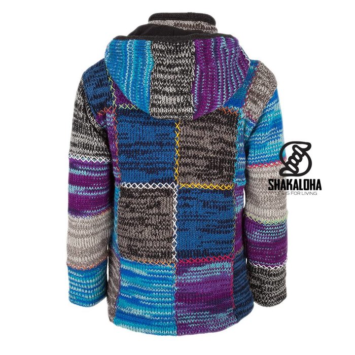 Shakaloha Shakaloha Veste en Laine Tricoté Patch NH Multicolore avec Doublure en polaire et Capuche avec col intérieur - Femmes - Fabriqué à la main au Népal en laine de mouton