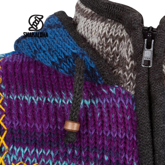 Shakaloha Chaleco de punto de lana Shakaloha con parche NH de piel multicolor con forro polar y capucha con cuello interior - Mujer - Hecho a mano en Nepal con lana de oveja