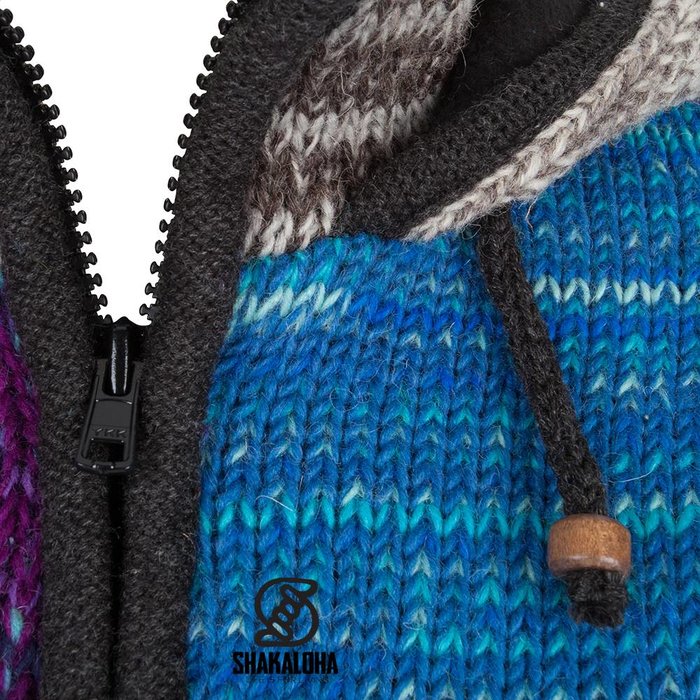 Shakaloha Chaleco de punto de lana Shakaloha con parche NH de piel multicolor con forro polar y capucha con cuello interior - Mujer - Hecho a mano en Nepal con lana de oveja