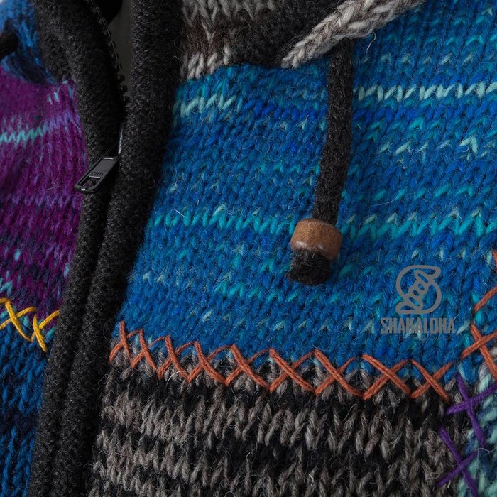 Shakaloha Chaleco de punto de lana Shakaloha con parche NH de piel multicolor con forro polar y capucha con cuello interior - Mujer - Hecho a mano en Nepal con lana de oveja
