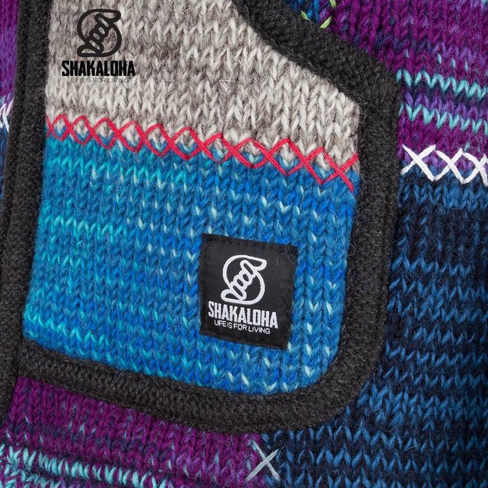 Shakaloha Shakaloha Gebreid Wollen Vest Patch NH Meerkleurig Bont met Fleece Voering en Capuchon met Binnenkraag - Dames - Handgemaakt in Nepal van Schapenwol