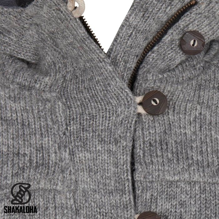 Shakaloha Shakaloha Knitted Woolen Jacket Hallberg Gray with Fleece Lining and Hood - Men - Unisex - Handmade in Nepal from sheep's wool