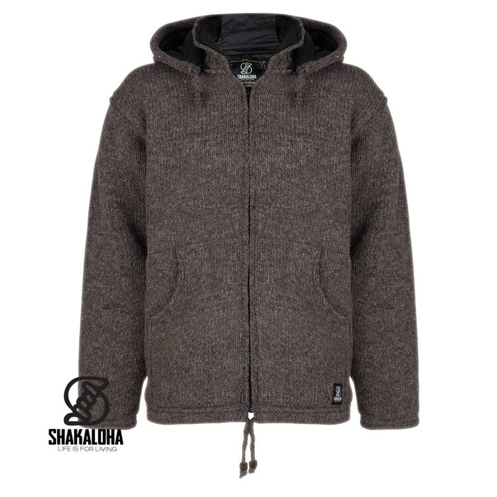 Shakaloha Shakaloha Strick-Wollweste Breaker Hellbraun Taupe mit Nylon-Windstopper und abnehmbarer Kapuze – Herren/Uni – Handgefertigt in Nepal aus Schafwolle