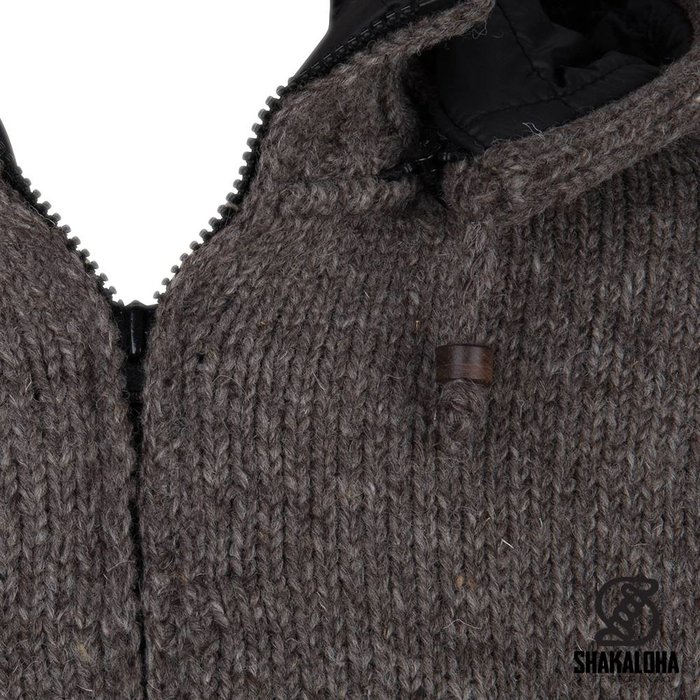 Shakaloha Shakaloha Strick-Wollweste Breaker Hellbraun Taupe mit Nylon-Windstopper und abnehmbarer Kapuze – Herren/Uni – Handgefertigt in Nepal aus Schafwolle