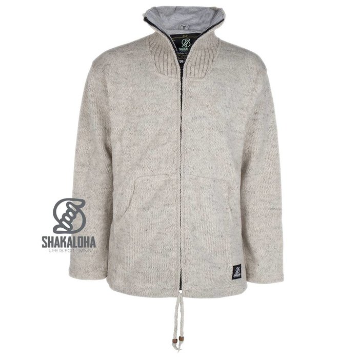 Shakaloha Shakaloha Gebreid Wollen Vest Flyer Collar Beige Crème met Katoenen Voering en Hoge Kraag - Man/Uni - Handgemaakt in Nepal van Schapenwol