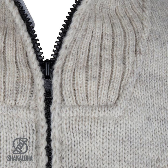Shakaloha Shakaloha Gebreid Wollen Vest Flyer Collar Beige Crème met Katoenen Voering en Hoge Kraag - Man/Uni - Handgemaakt in Nepal van Schapenwol