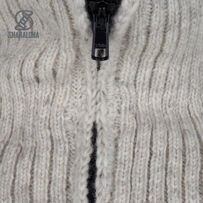 Shakaloha Chaleco de punto de lana Shakaloha con cuello alto, color beige y crema, forro de algodón - Hombre/Unisex - Hecho a mano en Nepal con lana de oveja