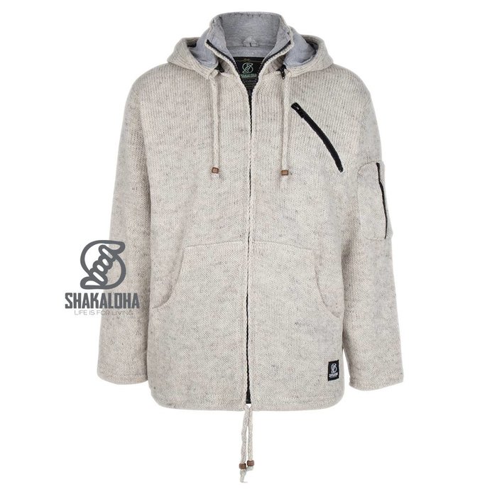 Shakaloha Shakaloha Gebreid Wollen Vest Cruiser Ziphood Beige Crème met Katoenen Voering en Afneembare Capuchon - Man/Uni - Handgemaakt in Nepal van Schapenwol