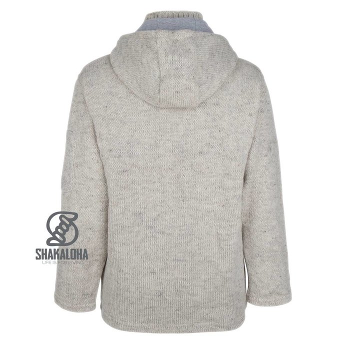 Shakaloha Shakaloha Gestrickte Woll-Cruiser-Weste mit Reißverschluss und Kapuze in Beige-Creme mit Baumwollfutter und abnehmbarer Kapuze – Herren/Uni – Handgefertigt in Nepal aus Schafwolle