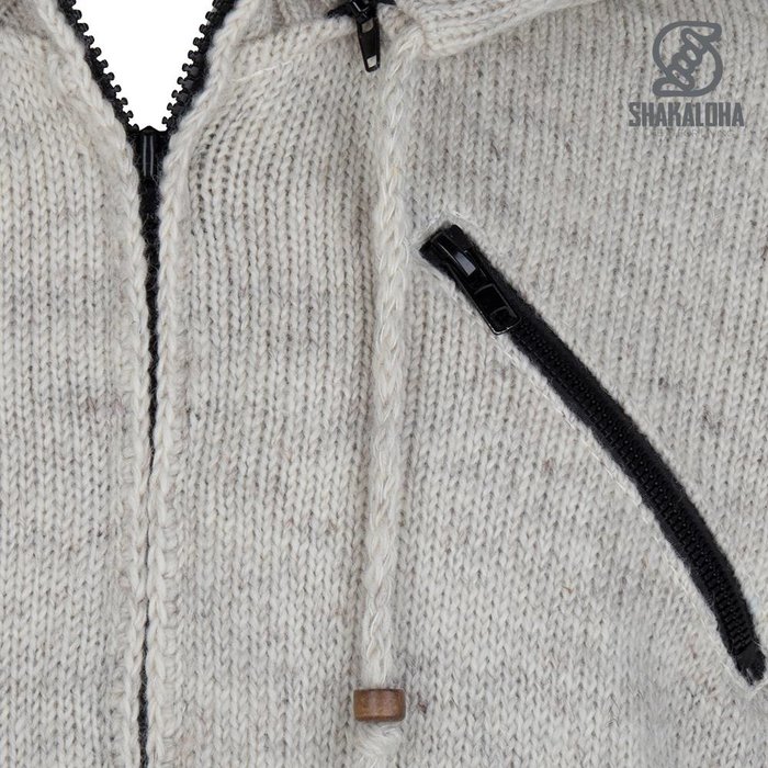 Shakaloha Chaleco de punto Shakaloha de lana con capucha y cremallera en beige crema, forro de algodón y capucha desmontable. Para hombre/unisex. Hecho a mano en Nepal con lana de oveja.