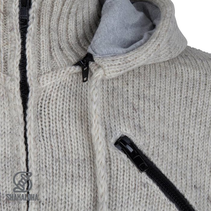 Shakaloha Shakaloha Gestrickte Woll-Cruiser-Weste mit Reißverschluss und Kapuze in Beige-Creme mit Baumwollfutter und abnehmbarer Kapuze – Herren/Uni – Handgefertigt in Nepal aus Schafwolle