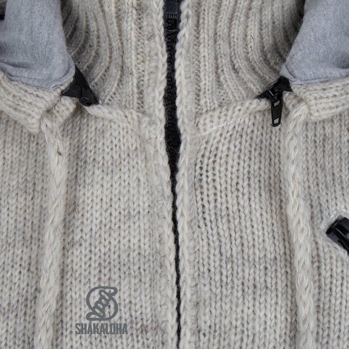 Shakaloha Shakaloha Gebreid Wollen Vest Cruiser Ziphood Beige Crème met Katoenen Voering en Afneembare Capuchon - Man/Uni - Handgemaakt in Nepal van Schapenwol