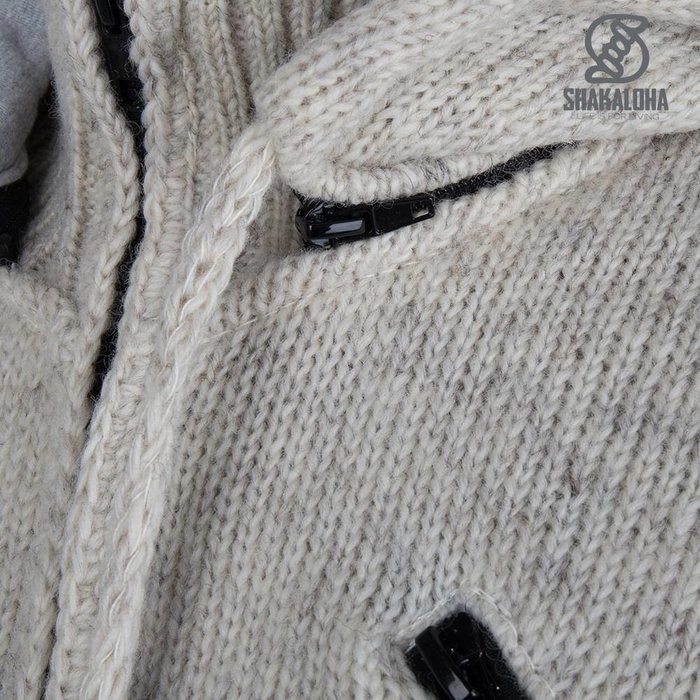Shakaloha Shakaloha Gestrickte Woll-Cruiser-Weste mit Reißverschluss und Kapuze in Beige-Creme mit Baumwollfutter und abnehmbarer Kapuze – Herren/Uni – Handgefertigt in Nepal aus Schafwolle
