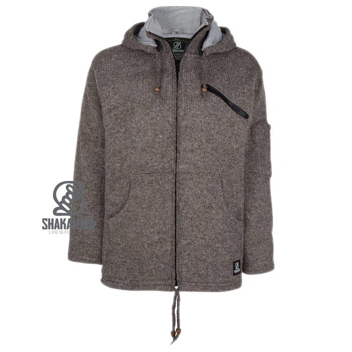 Shakaloha Shakaloha Gebreid Wollen Vest Cruiser Ziphood Licht Bruin Taupe met Katoenen Voering en Afneembare Capuchon - Man/Uni - Handgemaakt in Nepal van Schapenwol
