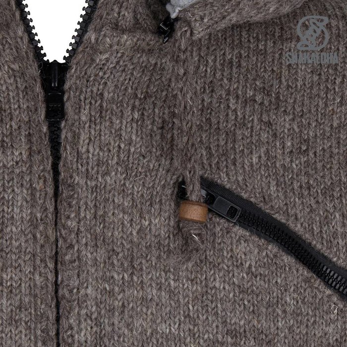 Shakaloha Shakaloha Knitted Woolen Jacket Cruiser Ziphood Light Brown Taupe with Cotton Lining and Detachable Hood - Men - Unisex - Handmade in Nepal from sheep's wool