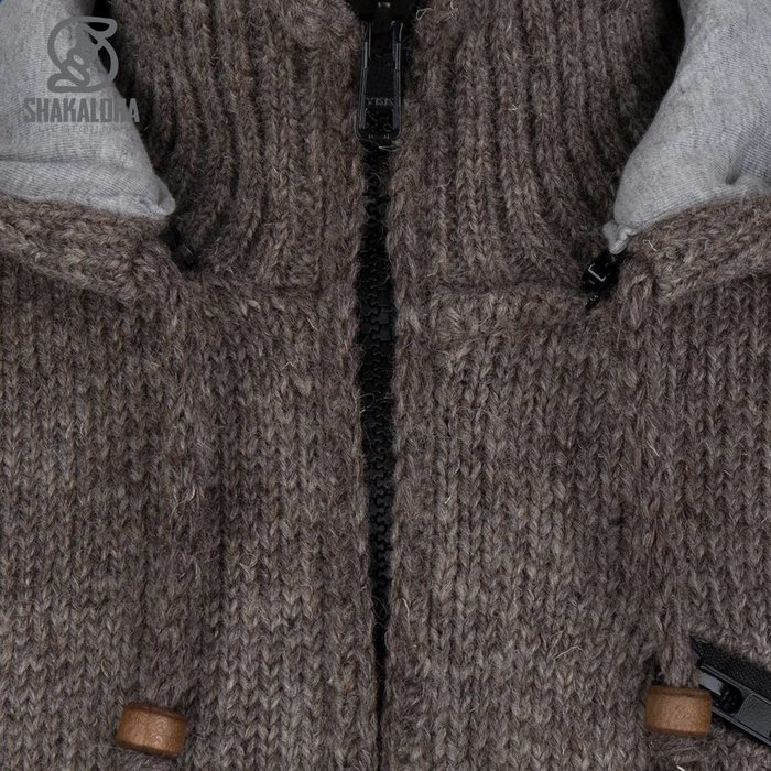 Shakaloha Shakaloha Knitted Wool Cruiser Zip Hood Cardigan Hellbraun Taupe mit Baumwollfutter und abnehmbarer Kapuze – Herren/Uni – Handgefertigt in Nepal aus Schafwolle
