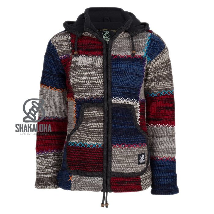 Shakaloha Shakaloha Veste en Laine Tricoté Patch ZH Gris Rouge MarineBleu avec Doublure en polaire et Capuche détachable - Femmes - Fabriqué à la main au Népal en laine de mouton