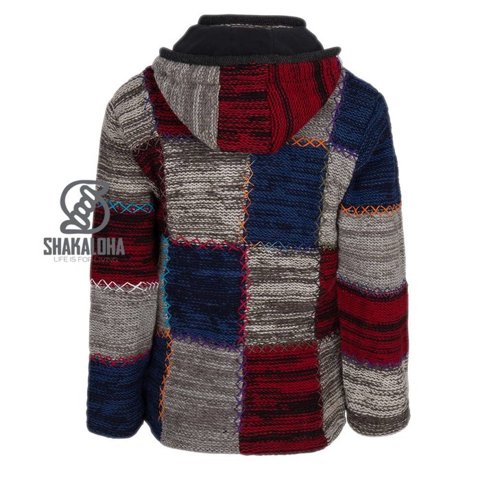 Shakaloha Shakaloha Knitted Woolen Jacket Patch ZH Gray Red NavyBlue with Fleece Lining and Detachable Hood - Woman - Handmade in Nepal from sheep's wool