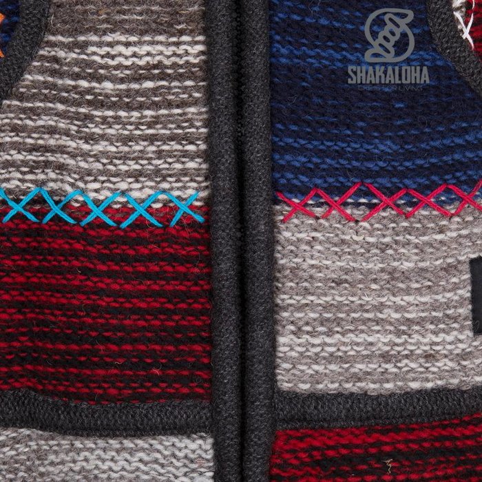 Shakaloha Shakaloha Gestrickte Wollweste Patch ZH Grau Rot Marineblau mit Fleecefutter und abnehmbarer Kapuze - Damen - Handgefertigt in Nepal aus Schafwolle